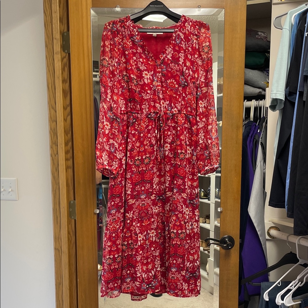 LOFT Red Floral Long Sleeve Dress